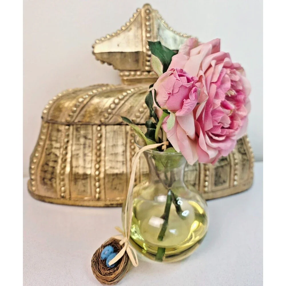 Vintage Faux Pink Cabbage Rose Silk Flower in Glass Vase with Bluebird Nest